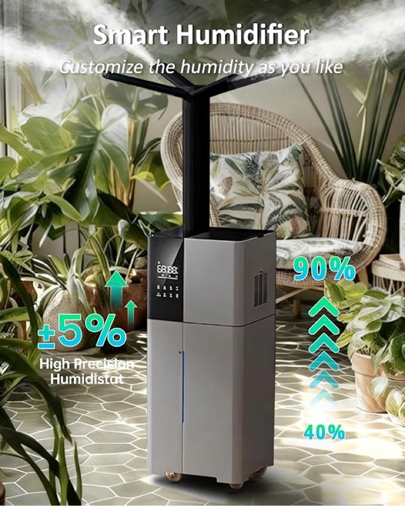 lacidoll humidifier large room,26l/6.8gal whole house humidifiers for bedroom home 3000 sq.ft,1800ml/h,commercial and industrial humidifiers with 360° nozzle & extension tube,top fill,gray