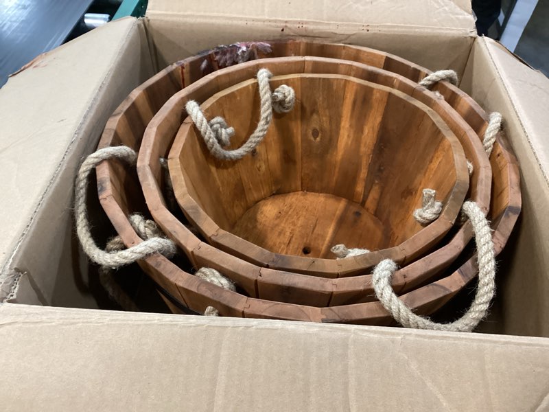 Condition photo showing As Is for IDZO Set of 3 Wooden Flower Boxes Outdoor, Durable Acacia Wood Barrel Planters for Outdoor Plants with Ergonomic Handles, Drainage Holes, Multiple Sizes Wood Bucket Planter for Home Décor Round Wood Planter Pots_rope Handle_walnut