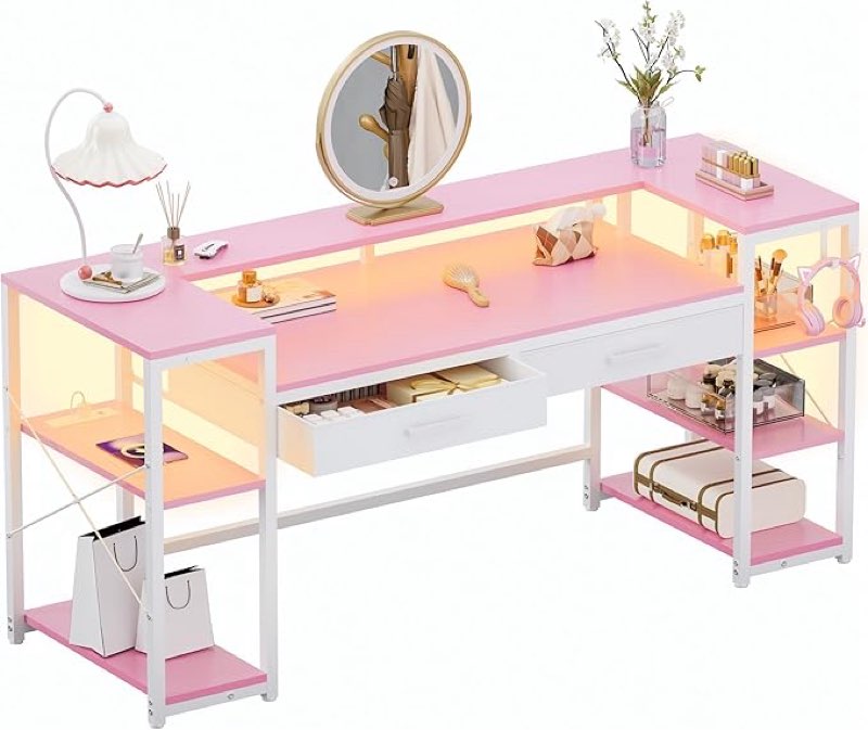 pamray 58 inch computer desk with monitor stand and shelves gaming desk with led lights & power outlets pc vanity table with 2 drawers for home office pink