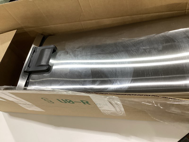 Condition photo showing As Is for Amazon Basics Smudge Resistant Mini Rectangular Trash Can With Soft-Close Foot Pedal, Brushed Stainless Steel, for Bathroom & small space, 5L/1.32 Gal, 7.3x8.5x11.8 in, Satin Nickel Finish Satin Nickel Mini, 5L/1.32 Gal, SIMILAR TO STOCK PHOTO 