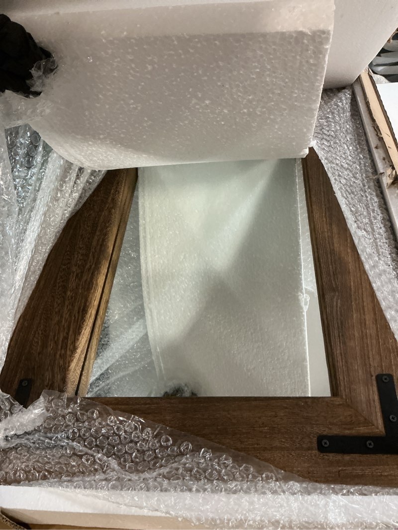 Condition photo showing Good Condition for yoshoot rustic wooden framed wall mirror, natural wood bathroom vanity mirror for farmhouse decor, vertical or horizontal hanging (26" x 18", brown) 26"l x 18"w brown