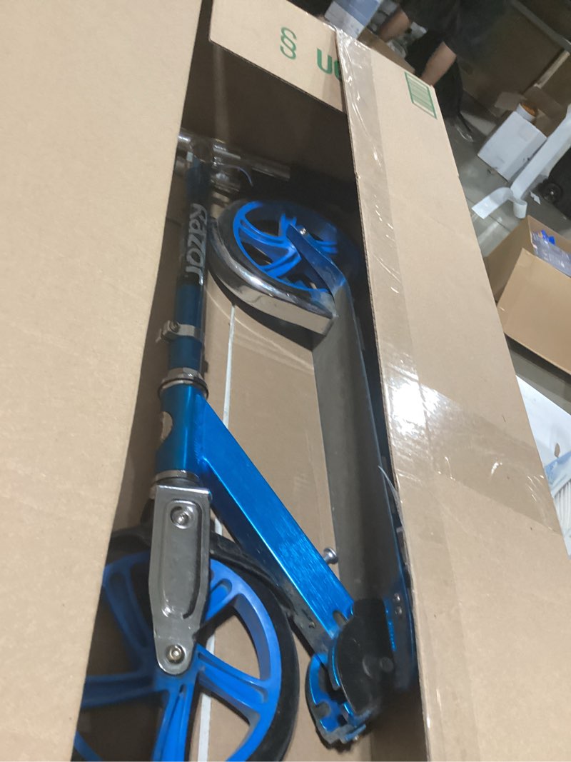 Condition photo showing As Is for razor a5 lux kick scooter for kids ages 8+ - 8" urethane wheels, anodized finish featuring bold colors and graphics, for riders up to 220 lbs blue scooter