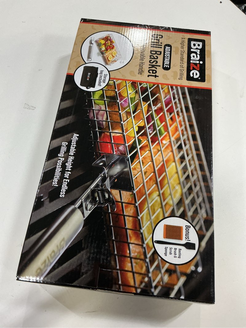 Condition photo showing New/Like New for stainless steel large grill basket with removable handle – 12.25 x 9.5 x 1.5 inch bbq vegetable basket with easy open lid, silicone basting brush & scrub sponge – outdoor cooking & camping accessory
