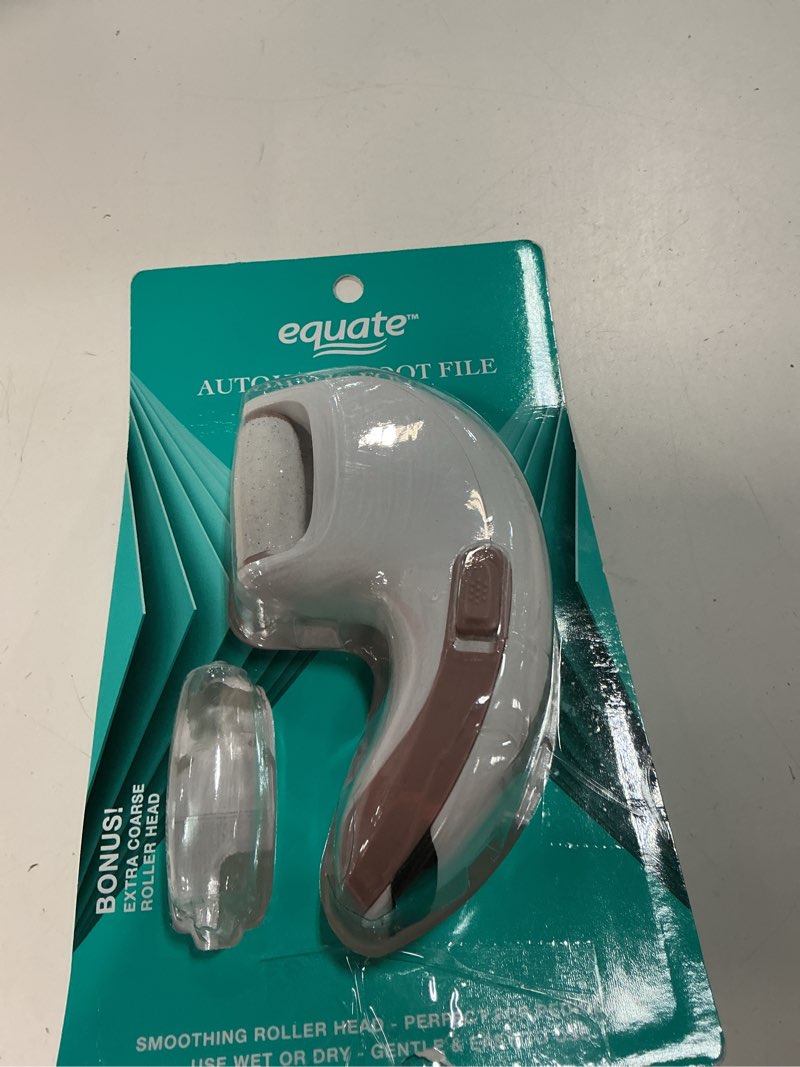 Condition photo showing As Is for equate automatic foot file with extra-coarse roller head, 1 count