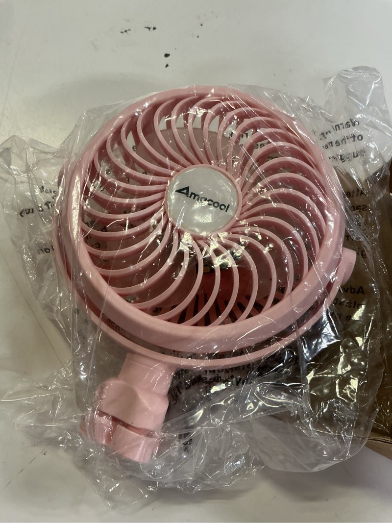 Condition photo showing As Is for amacool battery operated stroller fan, baby travel essentials for beach disney, newborn boy & girl showers gifts registry search, flexible tripod clip on fan for car seat wagon crib bike treadmill pink