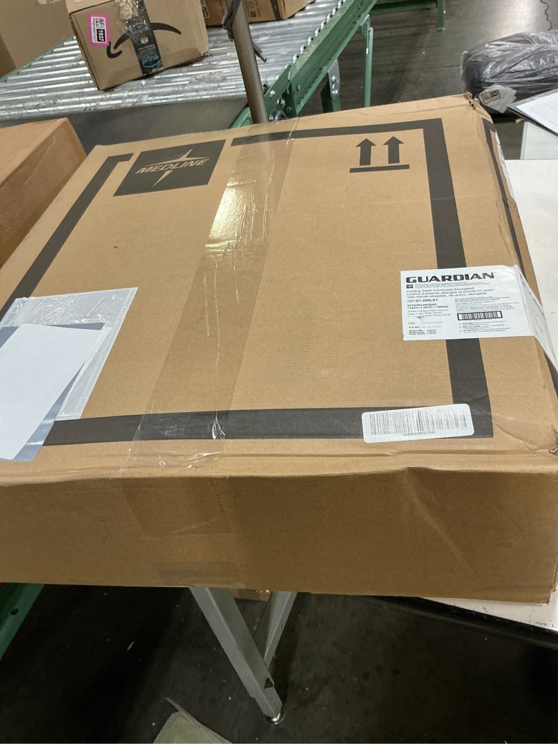 Condition photo showing New/Like New for medline 3-in-1 steel bedside commode, elongated seat, sturdy folding frame, 7.5 qt. bucket, 350 lb. weight capacity, clip-on seat, easy cleaning, tool-free assembly, gray