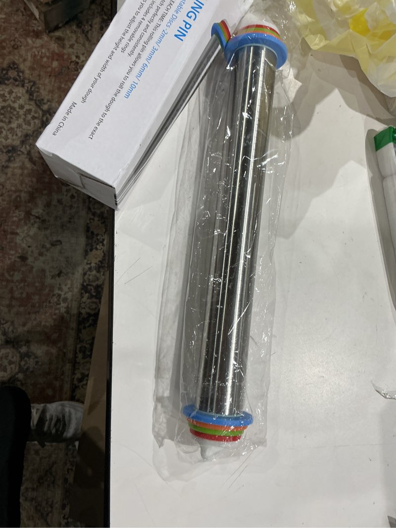 Condition photo showing Good Condition for adjustable rolling pin with 4 thickness rings for baking, 17” stainless steel dough roller with clear measurement markings for pizza, fondant, pie, cookies, baking supplies, pastry, pasta