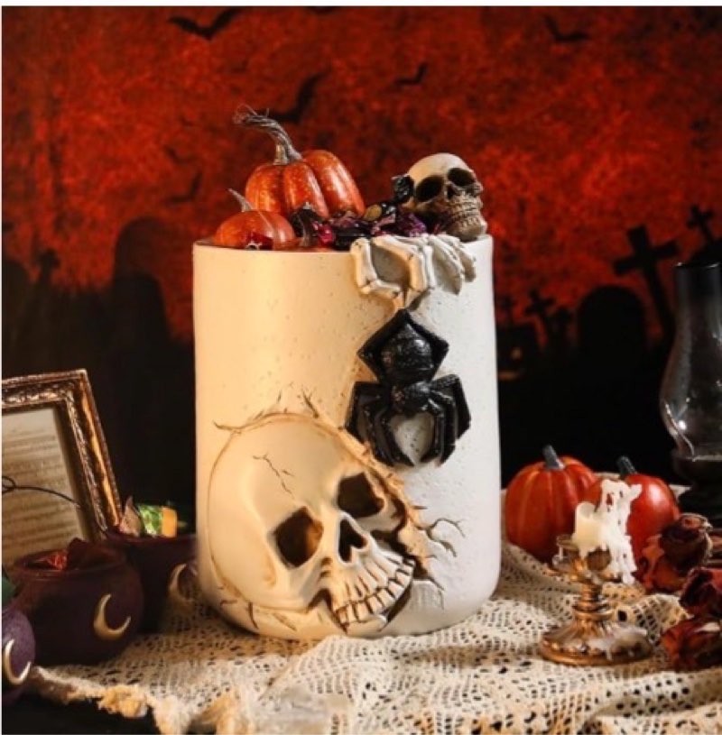 Halloween Large Witch Cauldron Bucket 11.72" White Candy Pot with Skull Spider Resin Halloween Candy