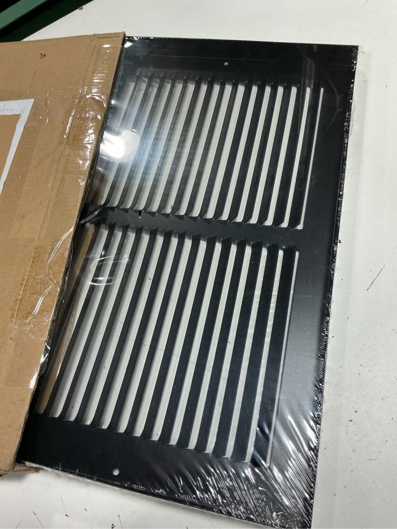 Condition photo showing New/Like New for fits 14x8 duct opening | steel baseboard return air grille by handua | vent cover grill | 7/8" margin turnback [depth] to fit baseboard | black | outer dimensions: 15.75"w x 9.75 "h 1 14"w x 8"h [duct opening]