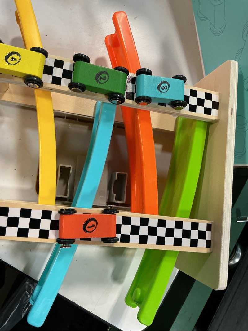 Condition photo showing Good Condition for toddler toys for 1 2 year old boy and girl gifts wooden race track car ramp racer with 4 mini car toddler wooden race track car ramp toys set