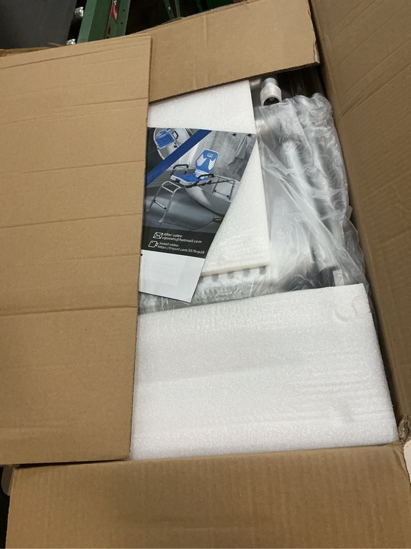 Condition photo showing New/Like New for 300-pound heavy-duty bath chair for seniors and rehabilitation patients, featuring armrests and a backrest, suitable for bathrooms and bathtubs shower chair