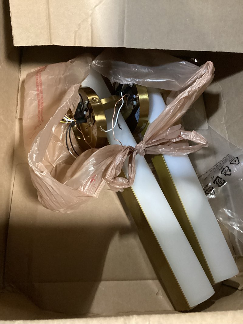 Condition photo showing As Is for aijiasi gold bathroom wall sconces set of 2: 18 inch modern sconces wall lighting 18w led dimmable wall light with acrylic lampshade, brushed gold sconces for bedroom living room hallway (hardwired) gold hardwired (18in-2pcs)