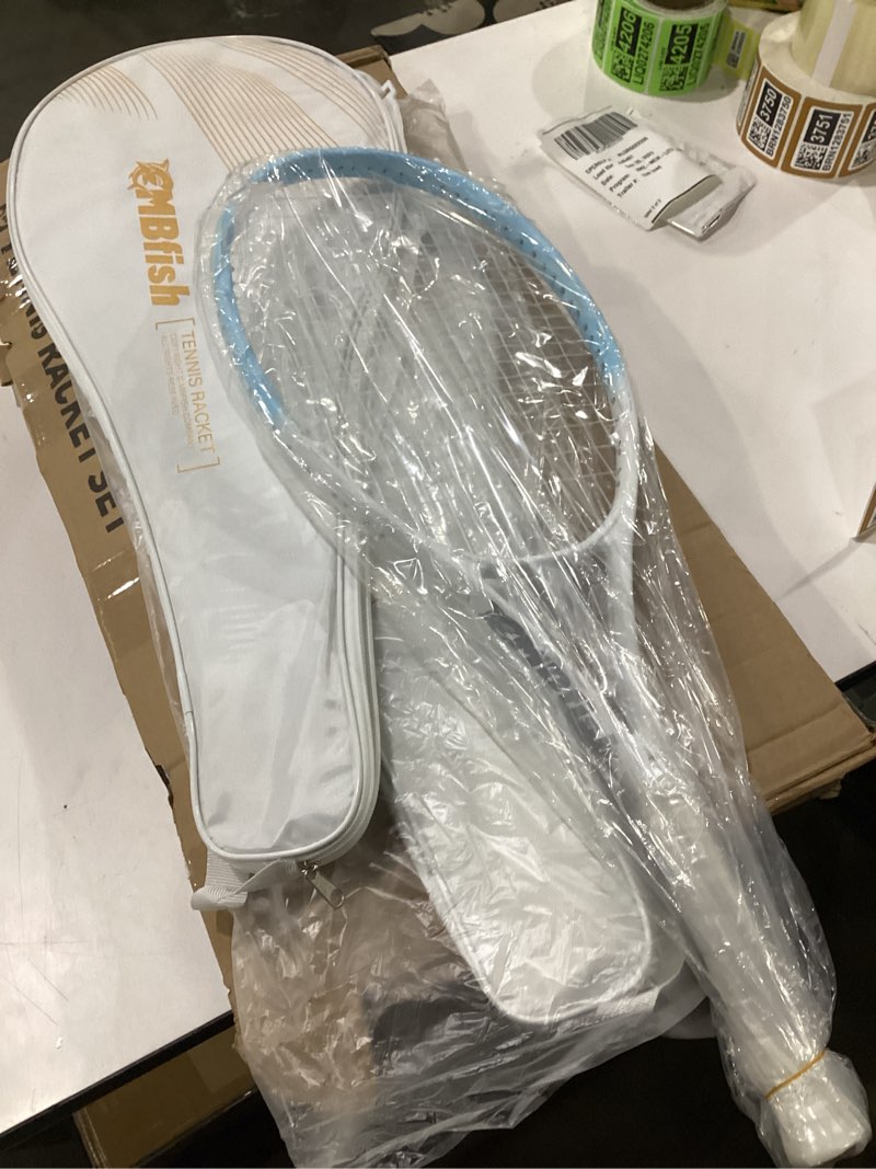 Condition photo showing New/Like New for Tennis Rackets - Super Value Set with Pre-Strung, Comfortable Handle, 27'' Tennis Racquet for Beginner, Includes 4 Tennis Balls, 2 Overgrips and 2 Tennis Bag White Black