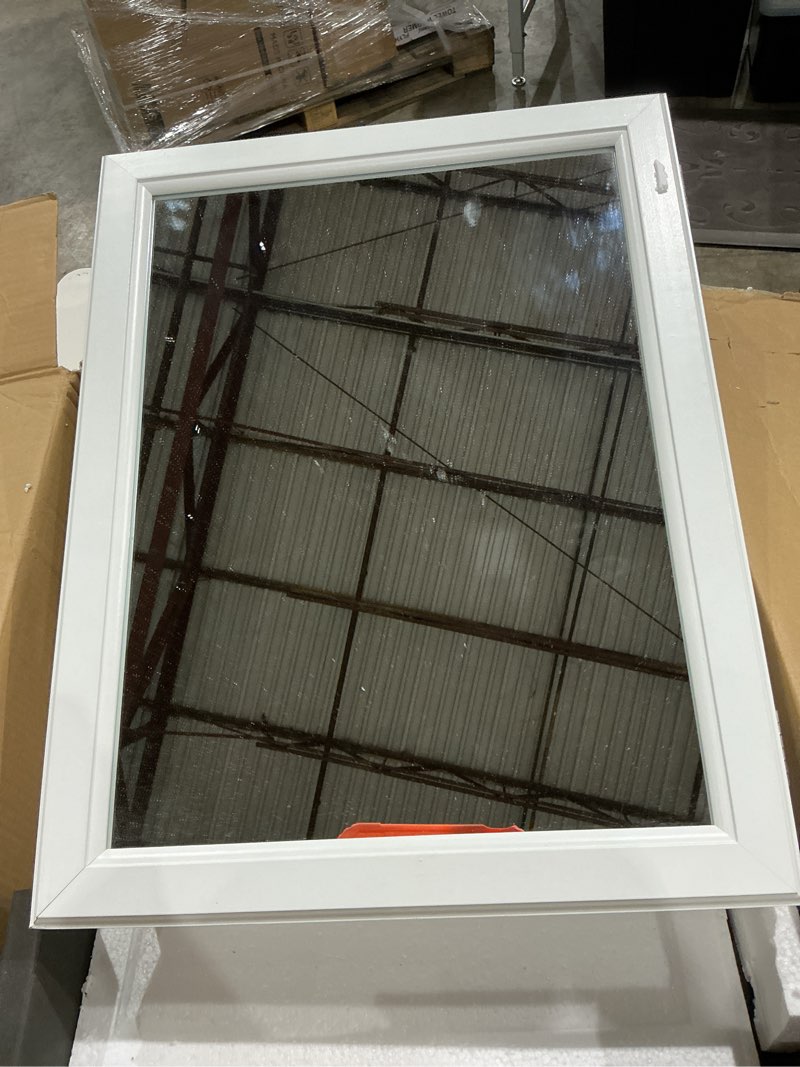 Condition photo showing As Is for framed recessed or surface-mount bathroom medicine cabinet with mirror, white