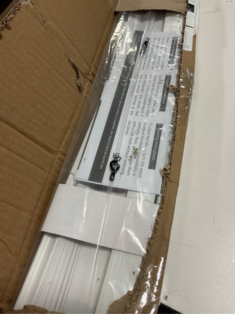 Condition photo showing Good Condition for 1" cordless mini blinds 29" w x 48" h, white vinyl blinds, horizontal light filtering blinds, window blinds for indoor windows, office, kitchen, bathroom and living room. 29"w x 48"h