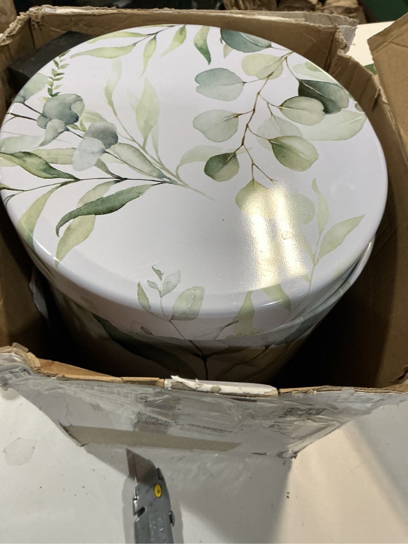 Condition photo showing As Is for Sanilo Small Bathroom Trash Can with Lid [1.3 Gallon] - Lidded Tiny Trashcan for Garbage - Mini Metal Bin with Soft Closing Mechanism - Bath Room Accessoire Wastebin with Inner Bucket (Eucalyptus)