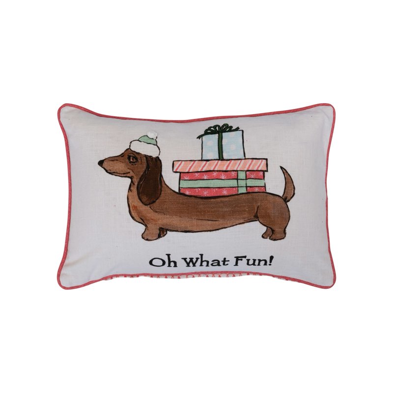 Creative Co-Op 24" L x 16" H Cotton Printed Lumbar Pillow w/Dog in Hat, Pom Pom, Embroidery, Piping & Patterned Back Oh What Fun!, Multi Color