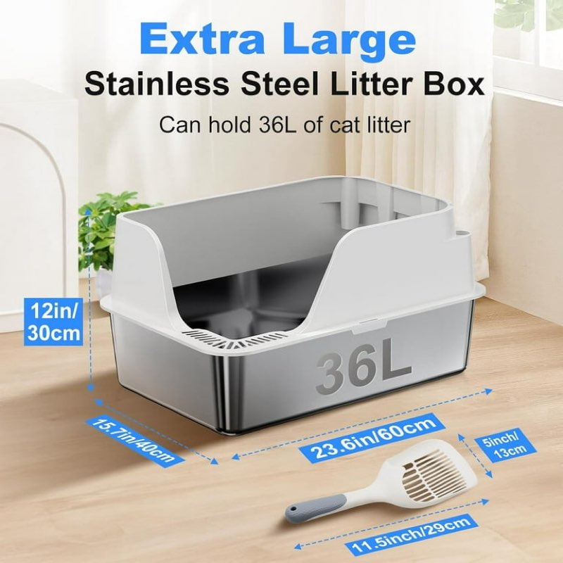 non-stick stainless steel litter box, xl side opening splash-proof & leak-proof seamless seal, ellen