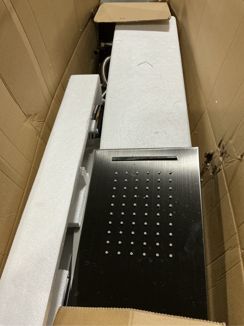 Condition photo showing As Is for ROVOGO Shower Panel Tower System with Rainfall Waterfall Shower, 5 Body Jets and 3-Setting Handheld, 304 Stainless Steel Shower Column Wall-Mount, Black Black&Chrome