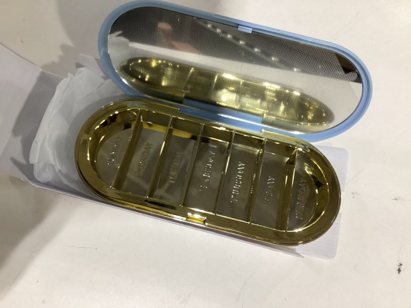Condition photo showing As Is for dosey 7 day pill compact travel pill organizer - pill case with 7 pill compartments for medicine storage & protection – stylish & elegant medication organizer with mirror (blue)