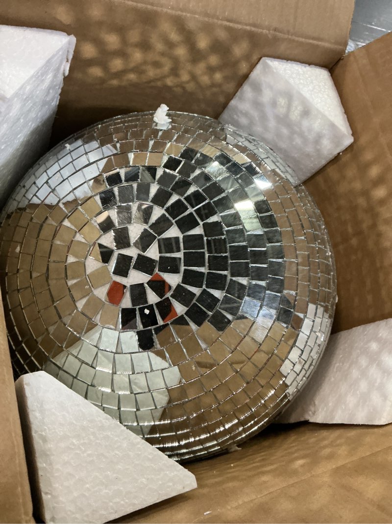 Condition photo showing Good Condition for disco ball - 12 inch mirrored discos balls, large disco bal, rotating ball for party designs, weddings, home decor, silver hanging discos balls. 12inch