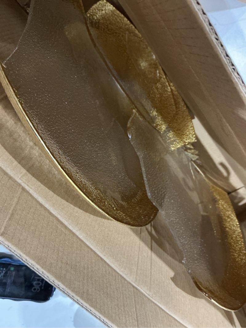 Condition photo showing As Is for list  koyal wholesale round 13" brush gold foil leaf rim glass charger plates set of 4 gold charger plates bulk modern glam look decorative plates for wedding bridal shower table decor