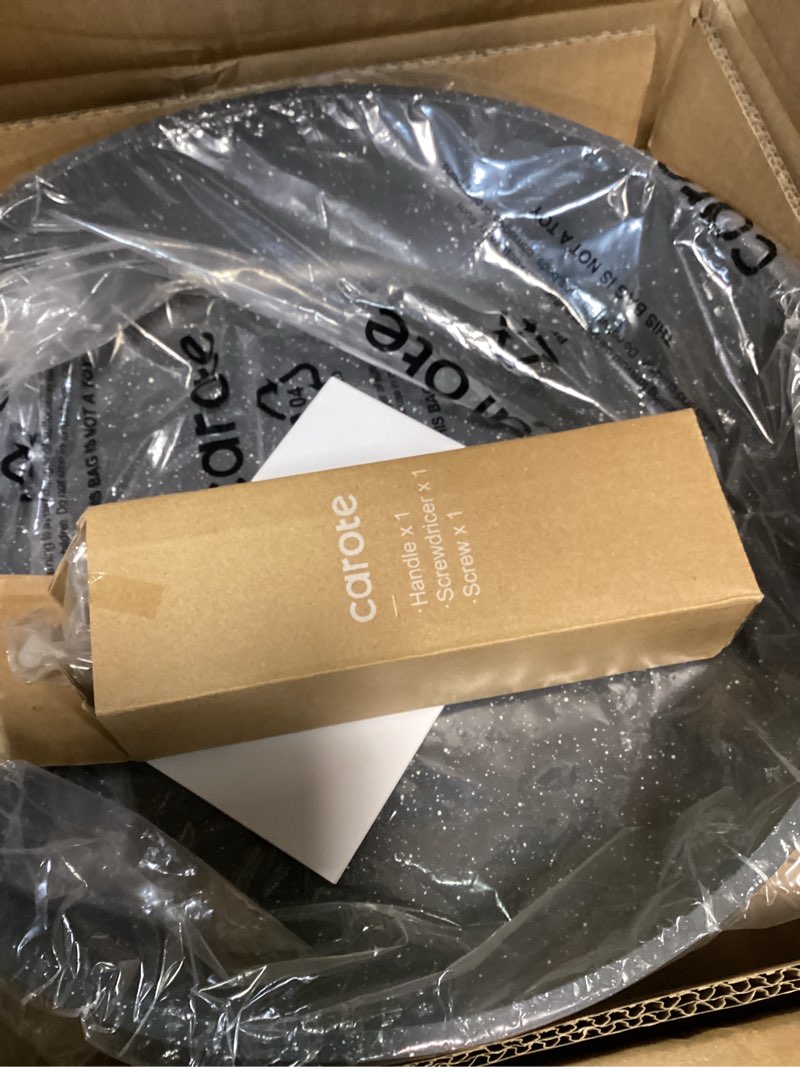 Condition photo showing Good Condition for carote non stick frying pan skillet, omelet pan, healthy non toxic granite chef pan, induction compatible egg frying pan with heat-resistant handle, pfoa-free,black, 12" black 12"