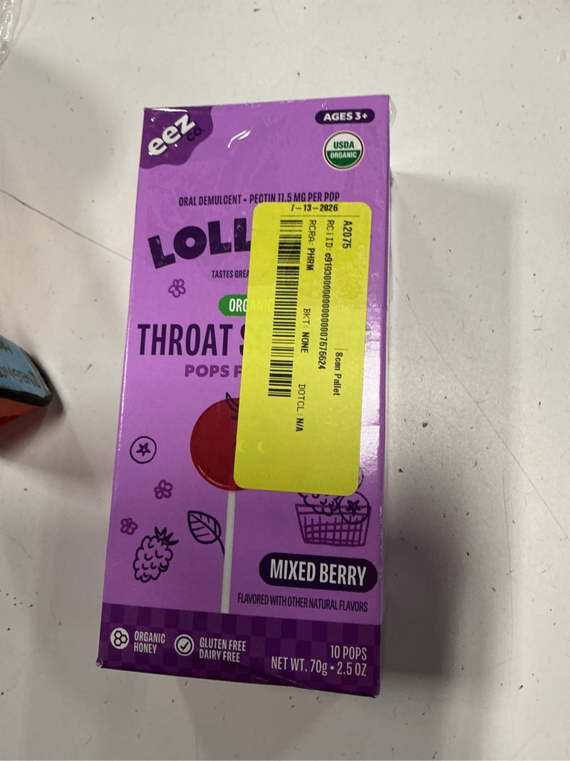 Condition photo showing New/Like New for lolleez organic throat soothing pops for kids  mixed berry  10ct