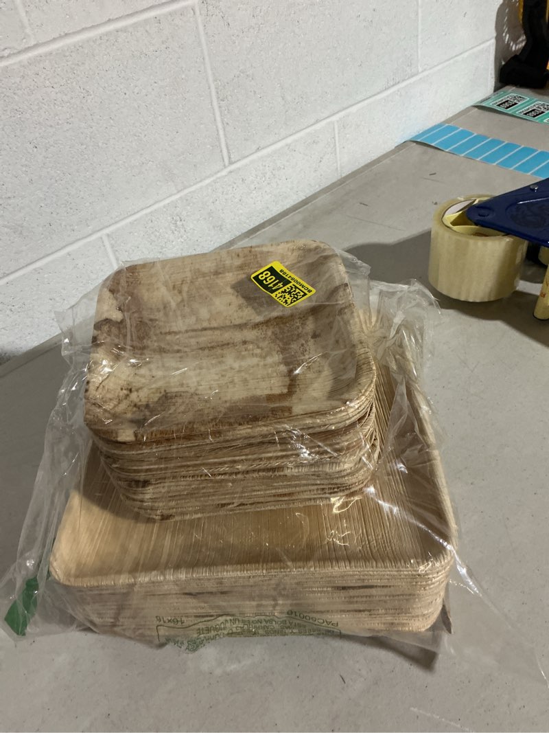 Condition photo showing As Is for palm leaf plates 10 inch & 7 inch square bamboo plates [50-pack] - biodegradable and compostable for appetizer and dinner - disposable wood dinnerware set - party pack