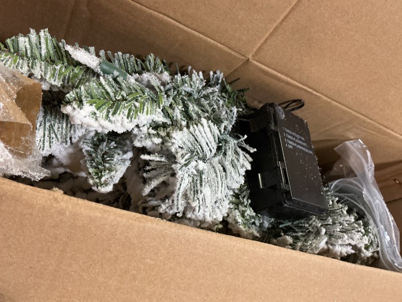 Condition photo showing New/Like New for fraser hill farm 24-in. mountain pine flocked wreath with battery operated led lights, christmas decor for home, holiday wreath for door, fireplace mantel 24" wreath warm white led string lighting