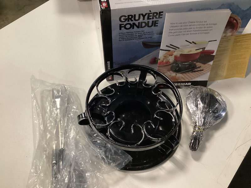 Condition photo showing As Is for swissmar gruyere cheese fondue set - 2.8 qt / 2.65 l - ceramic fondue pot with rechaud, fondue burner, 6 forks - ideal for melting cheese, chocolate & caramel - black gruyere fondue set pot missing