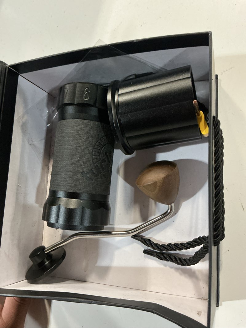 Condition photo showing Good Condition for turin h40 v2 manual coffee grinder – 40mm stainless steel burr, adjustable for espresso, pour over, french press, aluminum body with walnut handle, magnetic dosing cup, 30g capacity