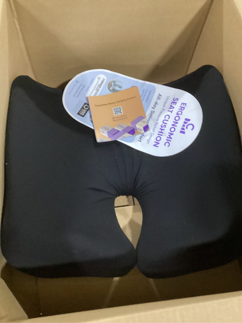 Condition photo showing As Is for Cushion Lab Patented Pressure Relief Seat Cushion for Long Sitting Hours on Office & Home Chair - Extra-Dense Memory Foam for Soft Support. Car Pad for Hip, Tailbone, Coccyx, Sciatica - Black