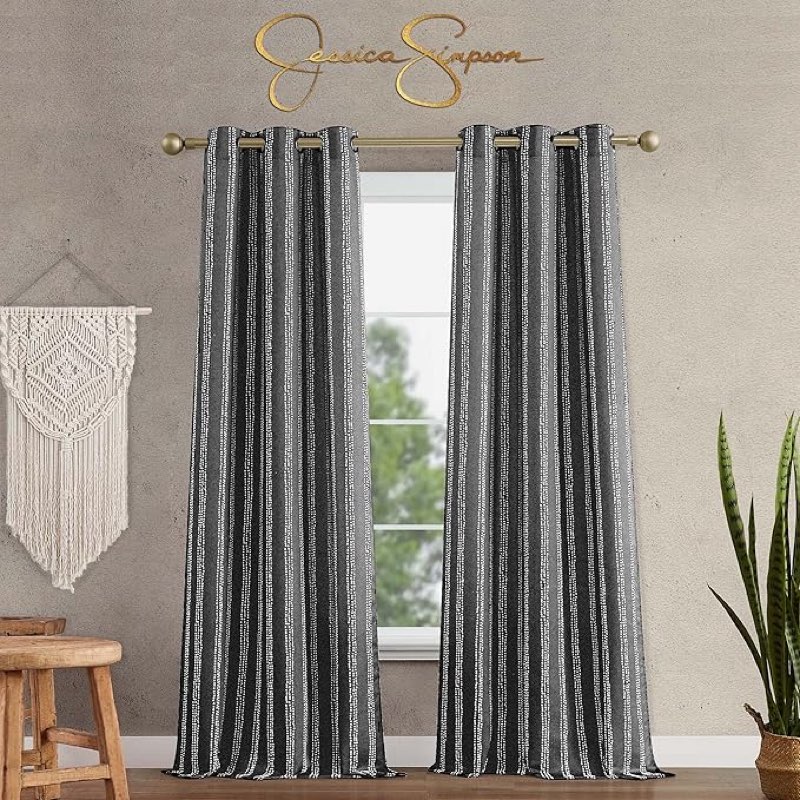 Jessica Simpson – Lola Textured Light Filtering Curtains | Window Panel Curtains | Premium Drapes | Grommet Header | Set of 2 Panels with 2 Tiebacks | Machine Washable | Measures 38\" x 84\" | Black