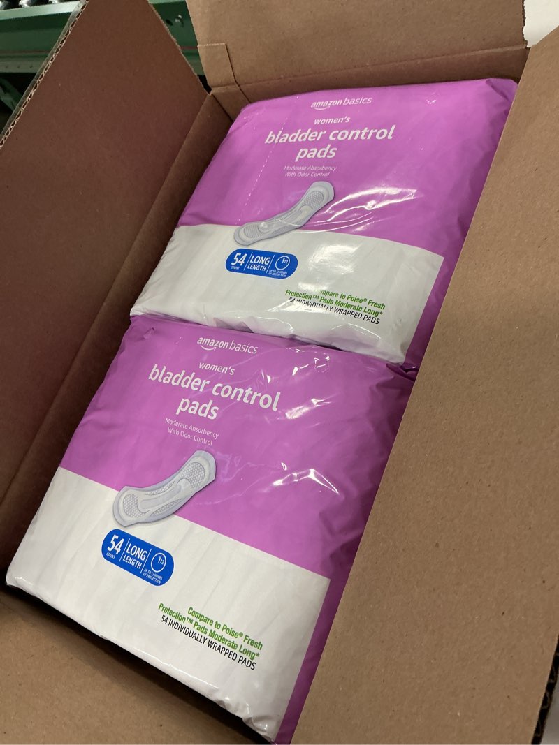Condition photo showing New/Like New for Amazon Basics Incontinence Pads for Women Long, Bladder Control, Postpartum, Moderate Absorbency, Unscented, 108 Count (2 Packs of 54)