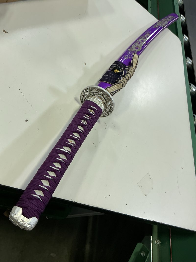 Condition photo showing Good Condition for japanese katana sword real authentic,full tang,functional,practical,1060 high carbon steel,hademade heat tempered full hand forged traditional samurai sword purple dragon pattern