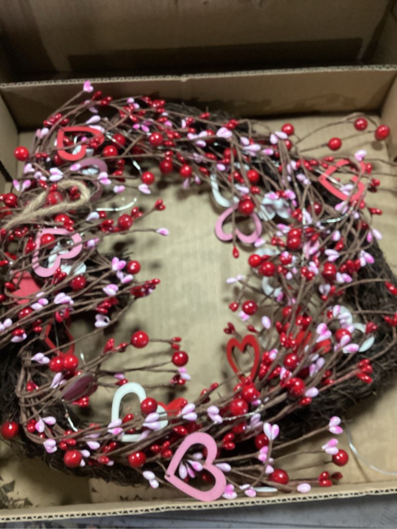 Condition photo showing Good Condition for Valentine's Day Wreath Decoration with 20 Red LED Lights Timer Wood Hearts, Battery Operated 16 Inch Valentines Door Wreath for Front Door Decor Outdoor Indoor Home Wedding Anniversary Wood Hearts Wreath