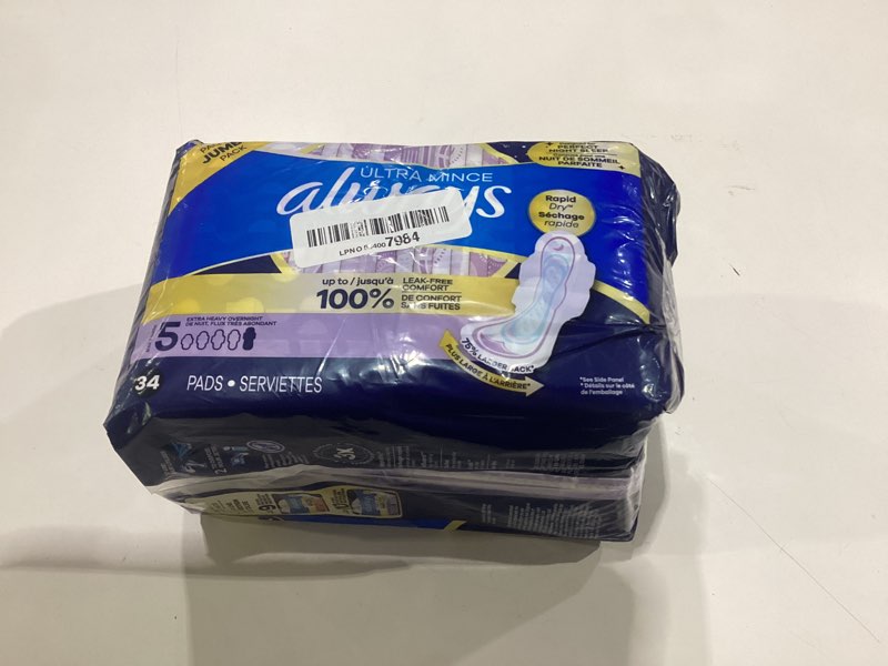 Condition photo showing Good Condition for always ultra thin feminine pads with wings for women, size 5, extra heavy overnight absorbency, unscented, up to 100% leak-free comfort, 34 count 34.0