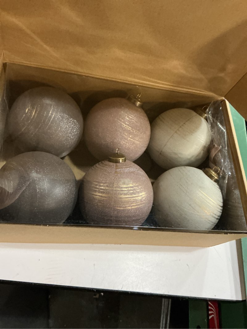 Condition photo showing New/Like New for PullCrease 6 Pcs 4 Inch Neutral Christmas Ball Ornaments with Velvet Ribbon Large Rustic Textured Copper Brown Ivory White Ornaments Antique Farmhouse Modern Christmas Decor for Tree Indoor Outdoor Vintage Copper