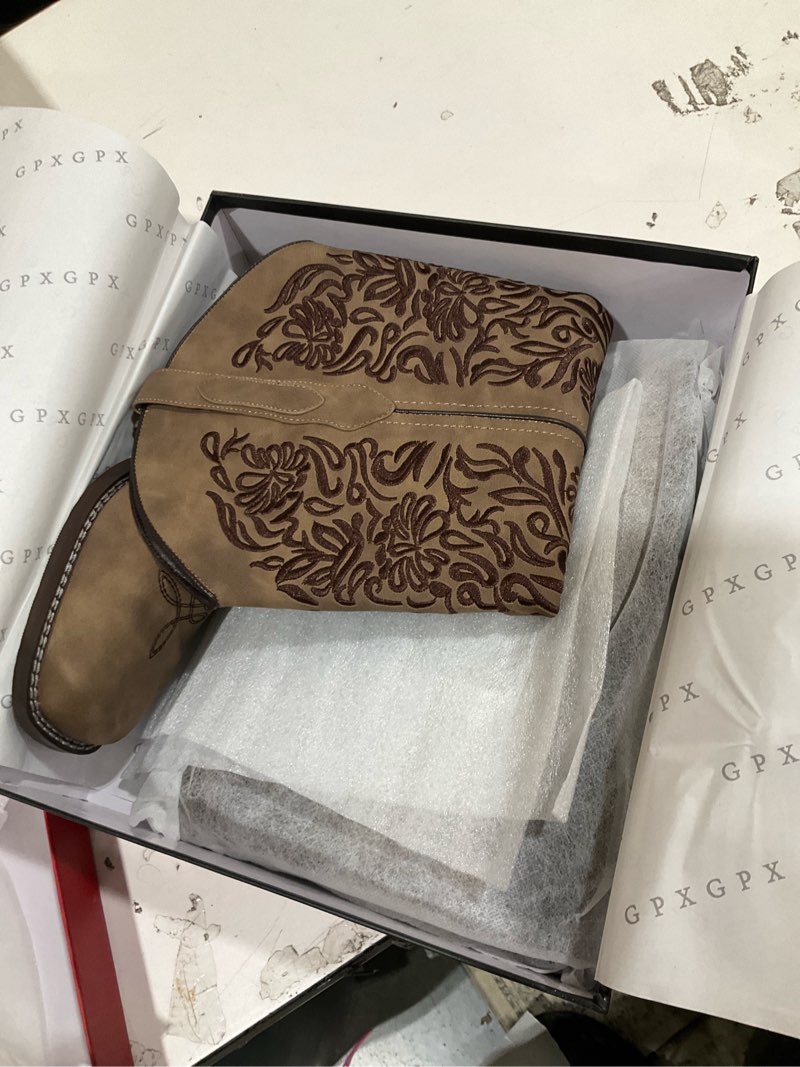 Condition photo showing Good Condition for women's embroidered cowboy boots knee high cowgirl riding boots low block heel comfortable pull on western square toe tall boots 10 brown