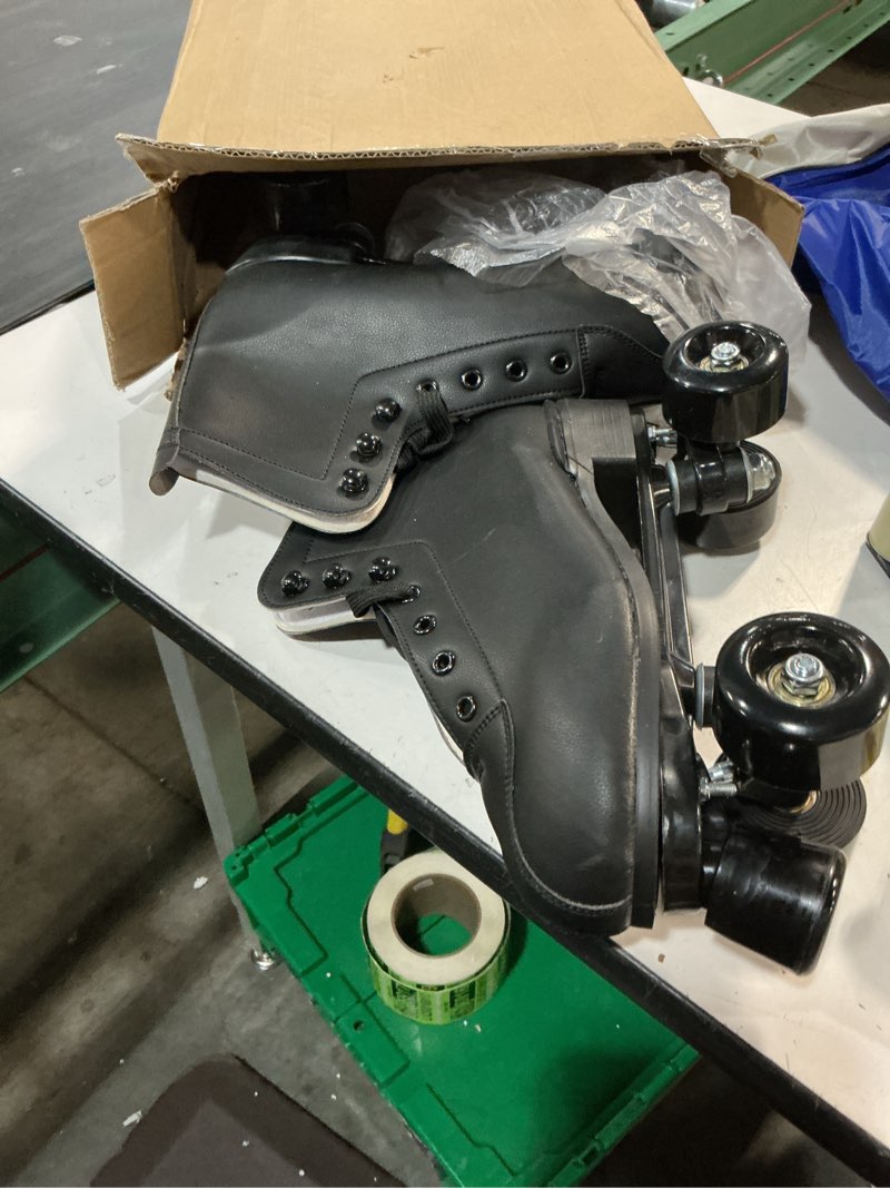 Condition photo showing Good Condition for skates women's men's high top black pu leather classic double row adjustable outdoor indoor quad skates and roller derby black wheel 42-women's 9 / men's 8