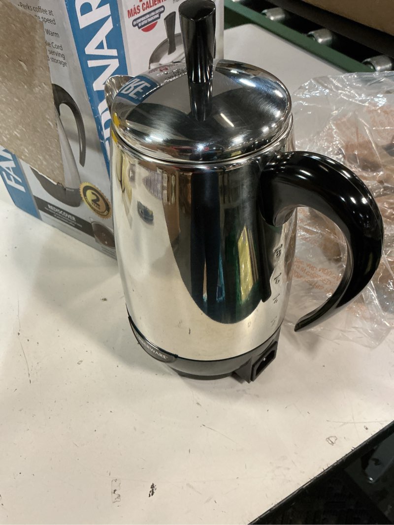 Condition photo showing Good Condition for farberware electric coffee percolator, stainless steel basket, automatic keep warm, no-drip spout, 8 cup 8-cup