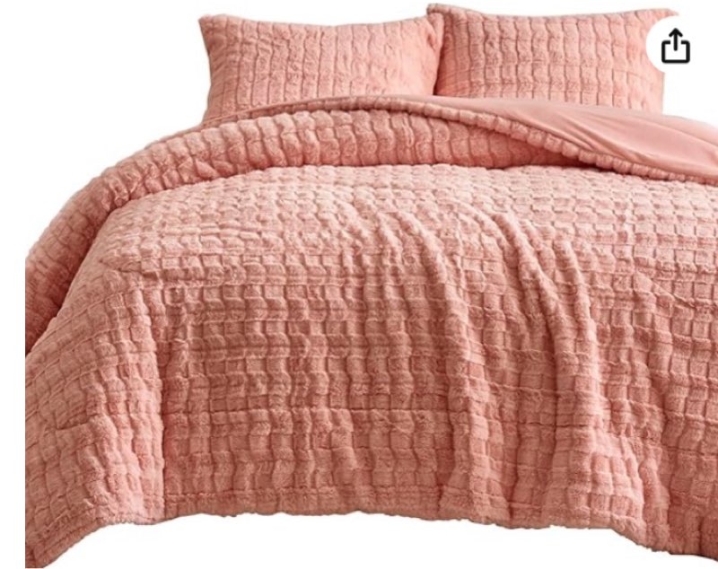 Wajade Faux Rabbit Fur Comforter Set Ultra Soft Fluffy Bedding Comforter Set Luxury Rectangle Pattern Plush Fuzzy 3 Pieces Bed Set(1Comforter+2 Pillowcases) (Full Size, Pink)