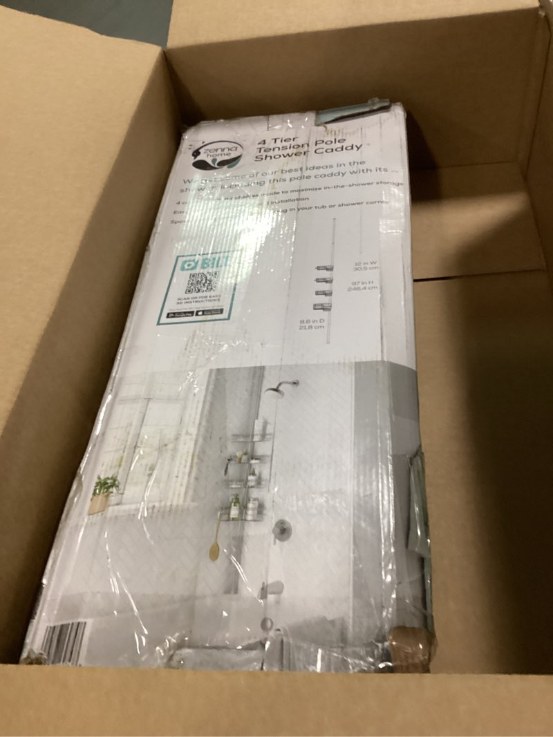 Condition photo showing As Is for Zenna Home Tension Pole Shower Caddy Corner Organizer, Adjustable Standing Shower Caddy with 4 L-shaped Baskets and Hooks, Rust Resistant Bathroom Tension Rod Organizer, 60 to 97 Inch, Satin Nickel