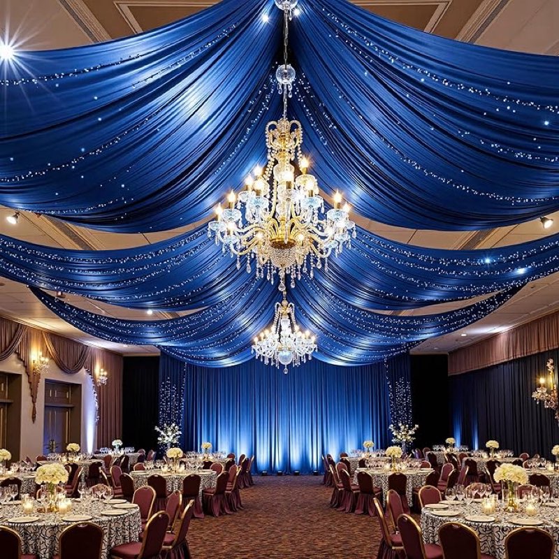 PartyVillage 4 Panels 5ftx30ft Blue  Ceiling Drapes for Wedding Parties – 30 FT Extra Long Thick Polyester Wrinkle-Free Drapery Tent Decor Decorations for Birthday Party Ceremony Stage Swag 60\"W x 360\"L (Pack of 4) Beige