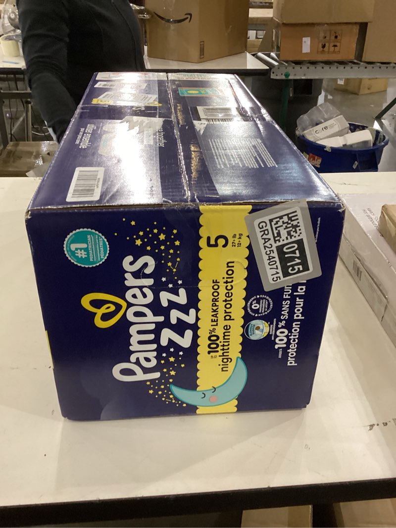 Condition photo showing As Is for pampers zzz overnight diapers, size 5 (27+ lbs), 88 count, nighttime protection disposable baby diaper, night time leak and skin protection size 5 88