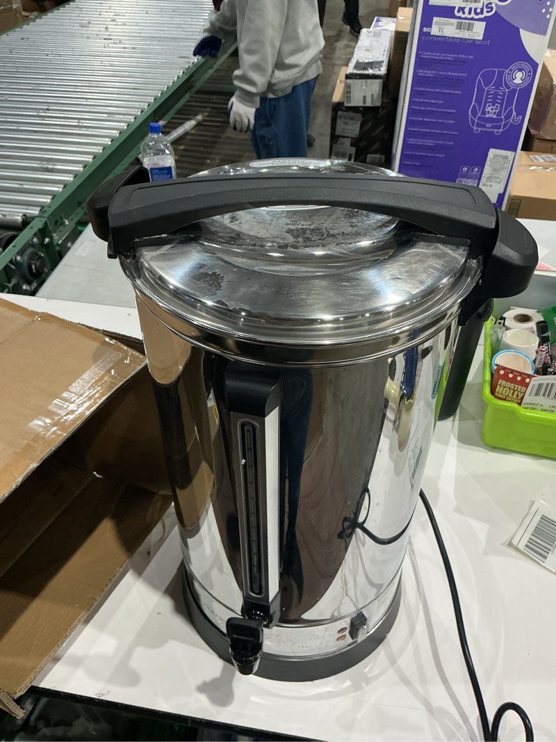 Condition photo showing As Is for 100 cup commercial coffee urn 19 l) large capacity stainless steel coffee maker, hot beverage & hot water dispenser for catering, buffet, party, events, church, office, restaurant 14l/100 cups