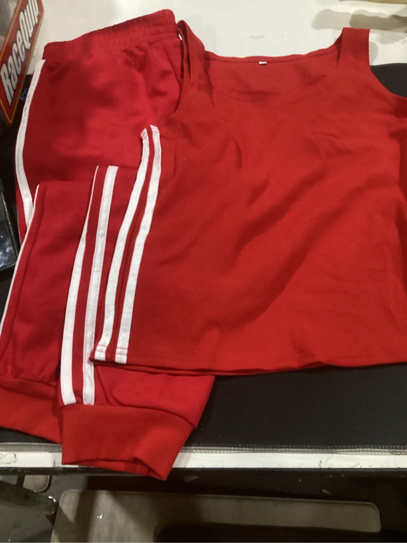 Condition photo showing As Is for (size small- incomplete- missing jacket) chicme women's three piece outfits striped tape patch tank tops bomber jacket with sporty pants tracksuit lounge sets small red