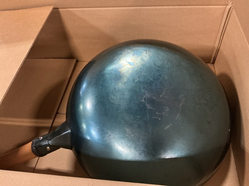 Condition photo showing As Is for YOSUKATA 14” Round Bottom Carbon Steel Wok Pan – Blue Pre-Seasoned Pow Wok for Stir Fry, BBQ & Camping – Traditional Japanese & Chinese Cookware – Compatible with Gas Stoves & Open Fire Only 14" Blue
