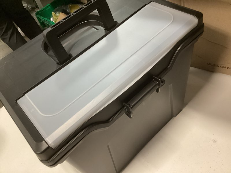 Condition photo showing Good Condition for IRIS USA File Box with Lid File Organizer for Letter File w/Organizer-Lid, Plastic Mobile Filing Organizer, Water Resistant Document Box, Portable File Box with Handle, Secure Buckle, Lockable, Black